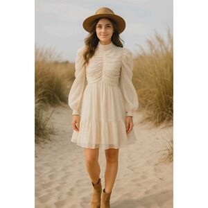 Coquette Chiffon Dress Women Large Ivory Cream Ruched Tiered Flow Victorian Boho